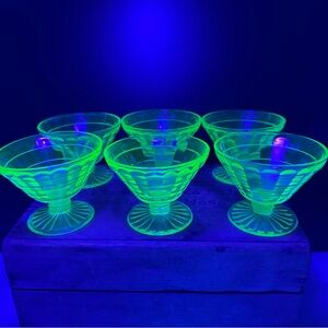 Anchor Hocking Block Optic Green Uranium Glass Sherbet or Champagne Glasses -SIX